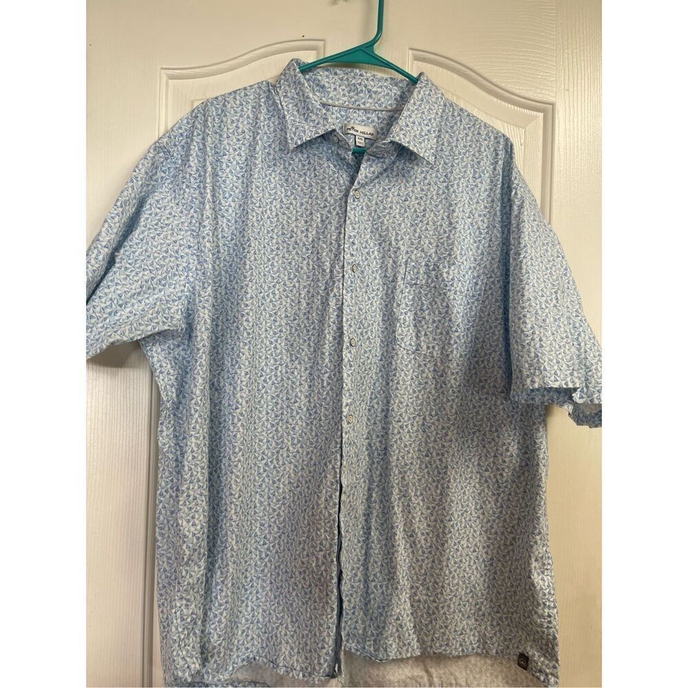 Peter Millar Men's Blue & White Short Sleeve Collared Poplin Shirt Size XXL